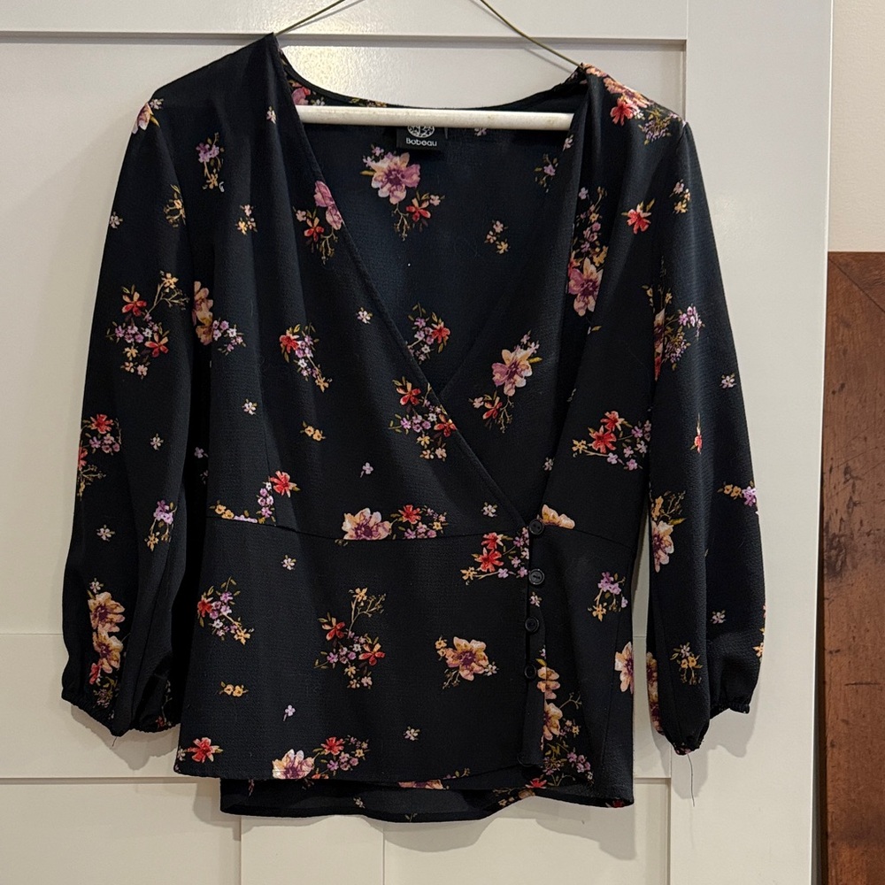 Bobeau Black Floral Wrap Blouse